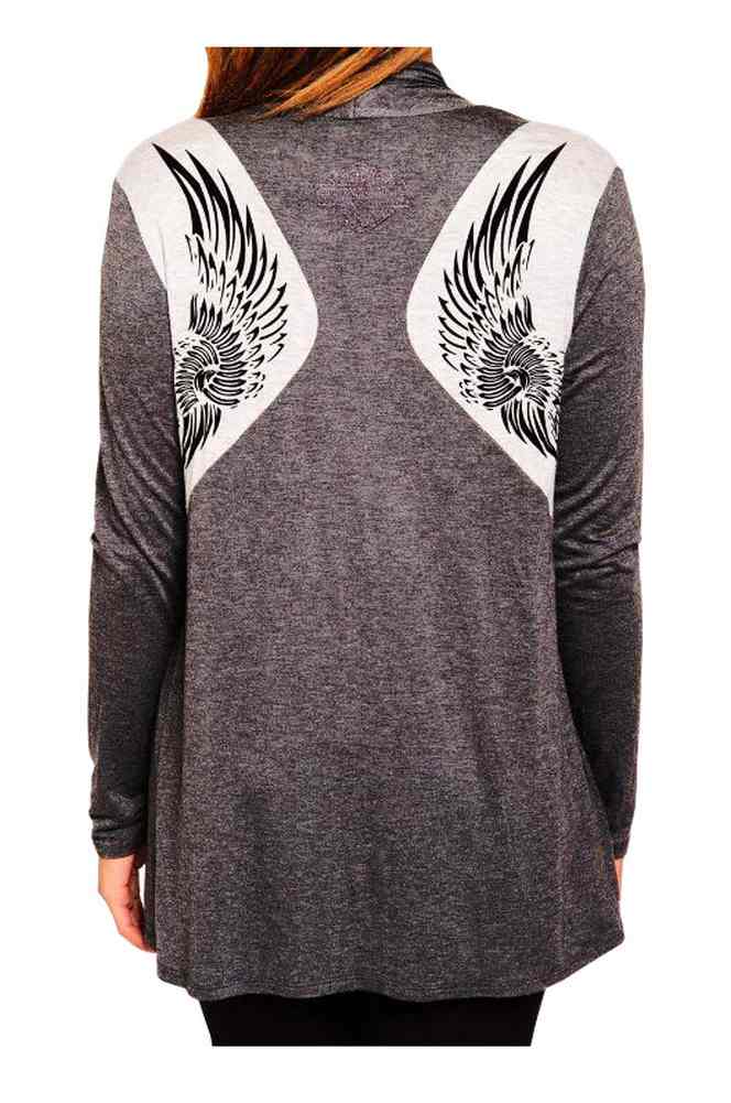 Harley-Davidson Women's Tribal Wings Long Sleeve Open Front Cardigan, Charcoal - No Hassle Returns at Wisconsin Harley