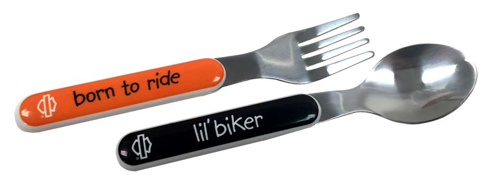 Harley-Davidson Kid's Utensil Set, Fork & Spoon Set, Black & Orange 20327 - Wisconsin Harley-Davidson