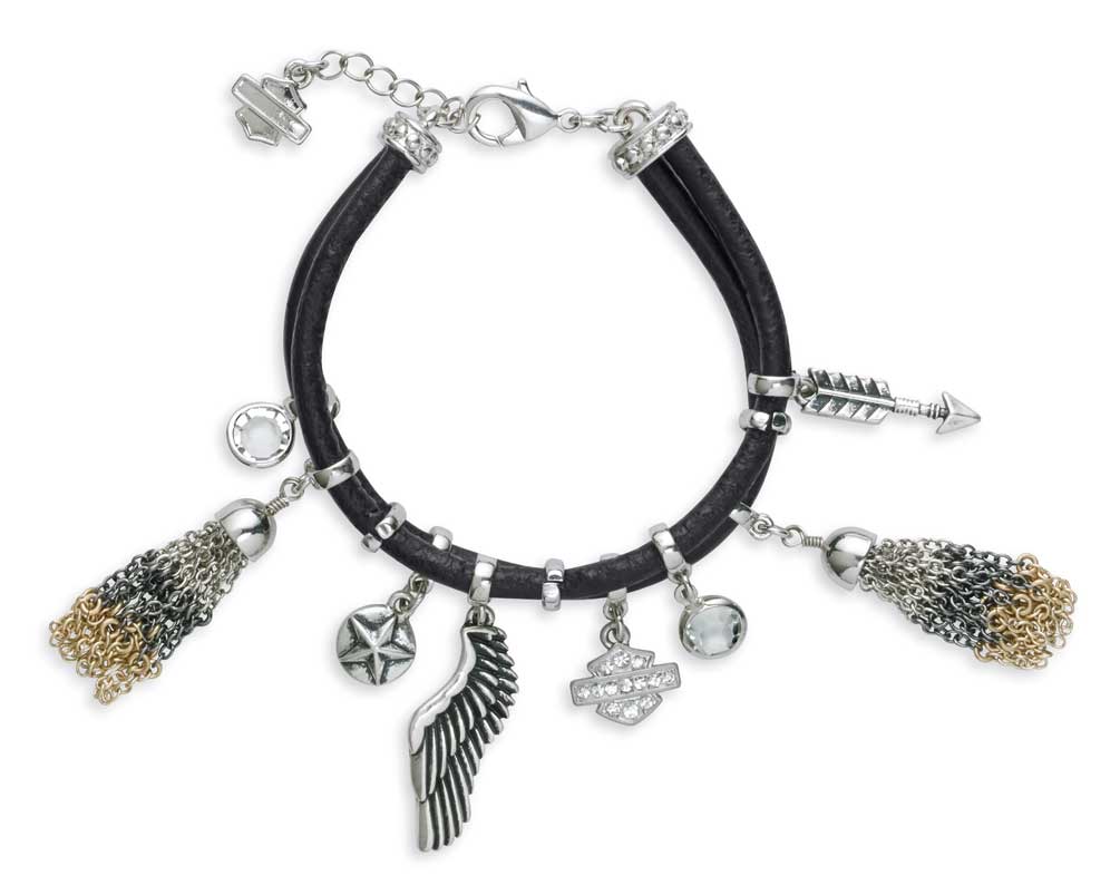 Harley-Davidson Women's Charm Bracelet, Genuine Leather & Plated Zinc 97751-16VW - Wisconsin Harley-Davidson