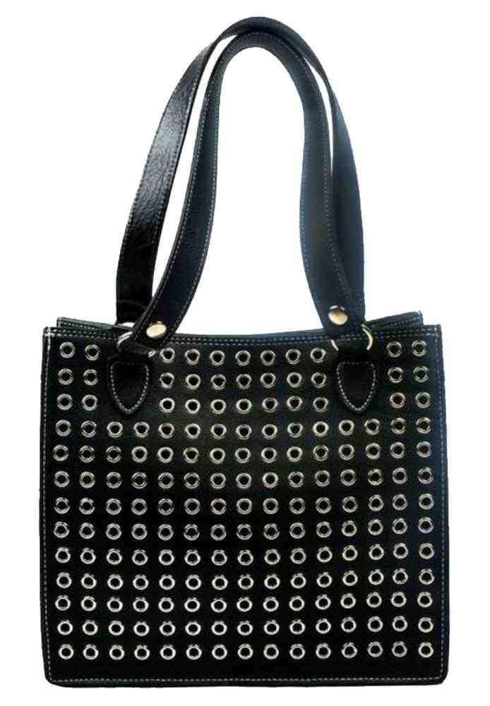 Genuine Leather Women's Eyelets Grommet Tote Genuine Leather Purse, Black GR27 - Wisconsin Harley-Davidson