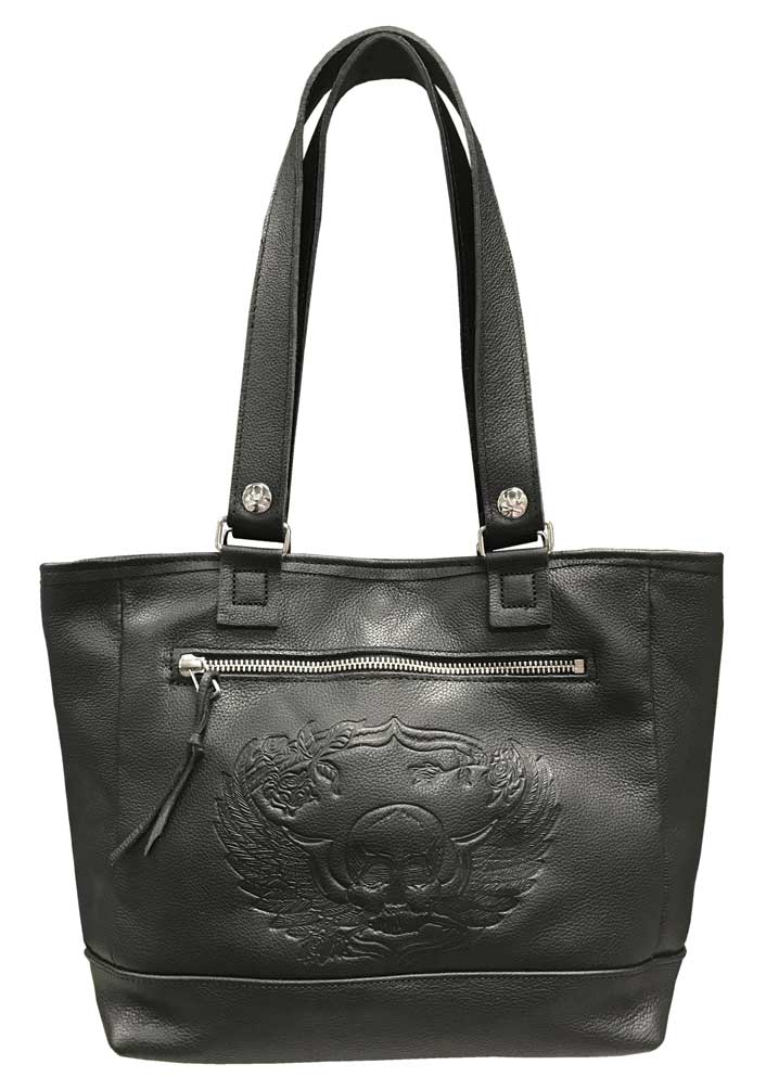 Genuine Leather Women's Embossed Winged Skull Soft Leather Tote Bag ...