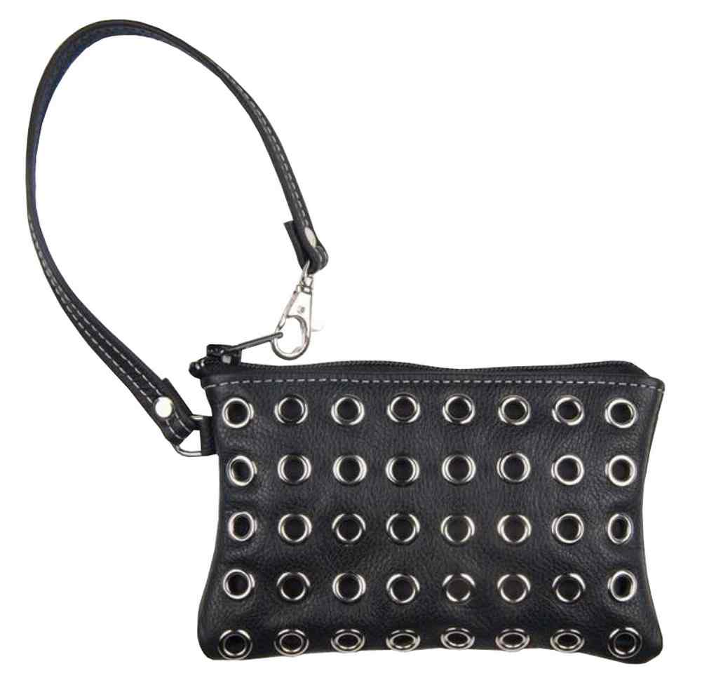 Genuine Leather Women's Eyelets Grommet Wrist Pouch, Black Biker Leather GW17 - Wisconsin Harley-Davidson