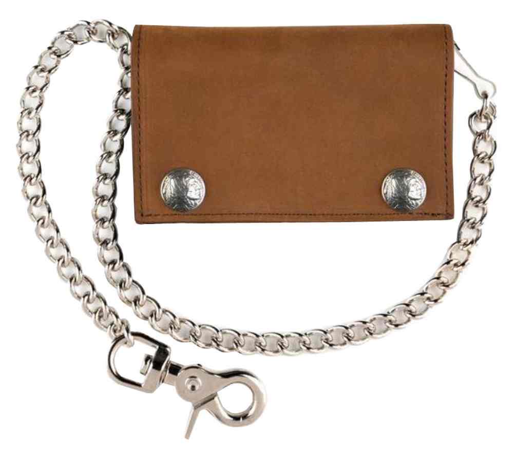 Biker Style Mens XL TriFold Biker Chain Wallet w/ Indian Head Snaps Brown PIN337 - Wisconsin Harley-Davidson