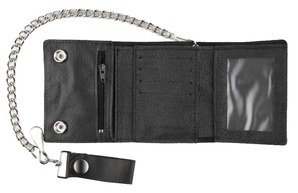 Motorcycle Men's Large Tri-Fold Biker Chain Wallet, Genuine Black