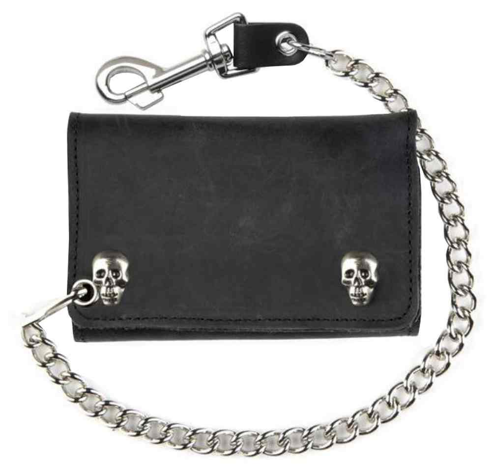 Genuine Leather Men's XL Tri-Fold Biker Chain Wallet w/ Skull Snaps, Black SK325 - Wisconsin Harley-Davidson