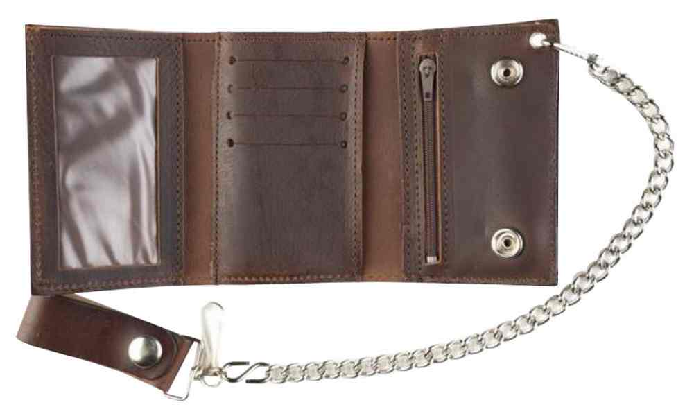 Genuine Leather Men's Eagle Head Antique Tri-Fold Biker Chain