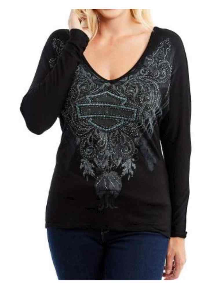 Harley-Davidson Women's Embellished Return Trip V-Neck Long Sleeve Top, Black - Wisconsin Harley-Davidson