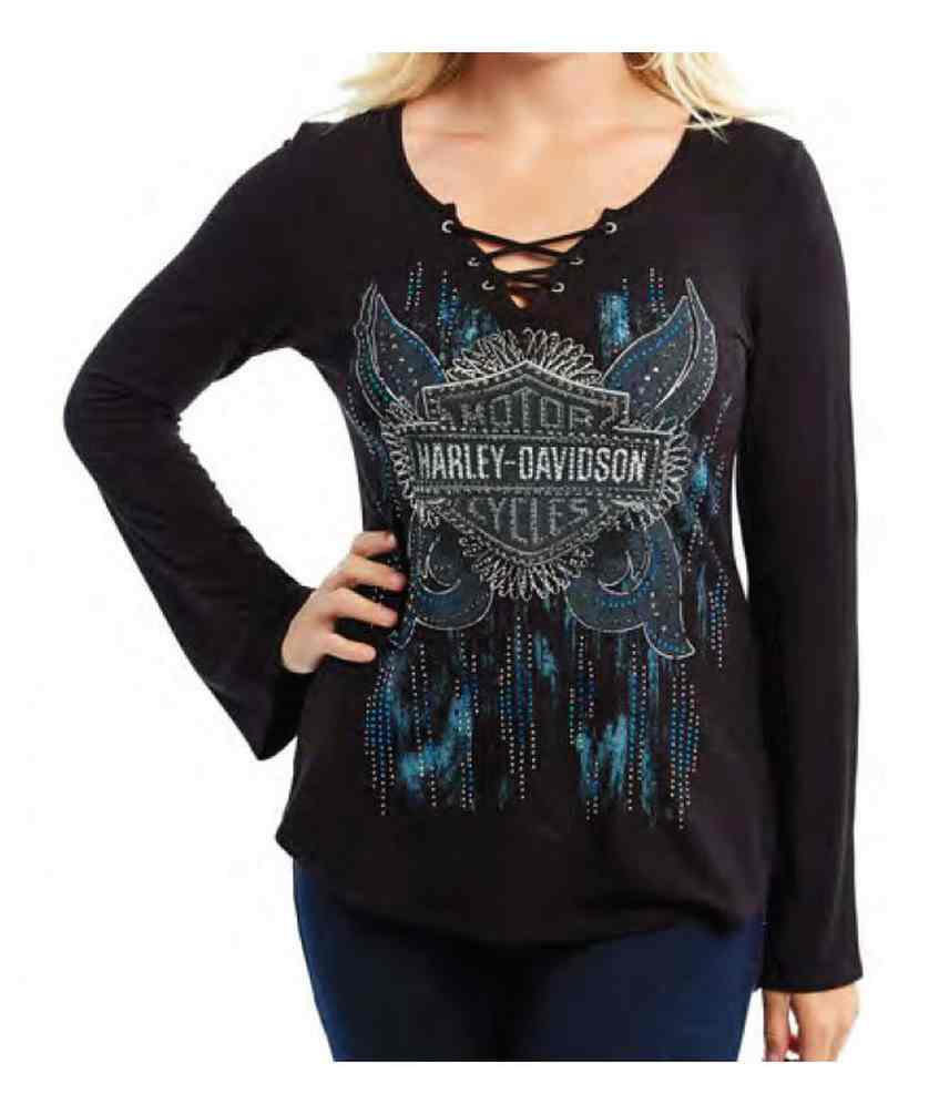 新品 AM1366 Lindsay logo tops black Harley-Davidson® Women's Embellished H-D Long Sleeve Cut-Out