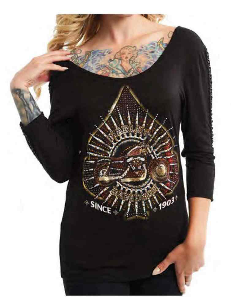 Harley-Davidson Women's Embellished Spade 3/4 Sleeve Scoop Neck Shirt, Black - Wisconsin Harley-Davidson
