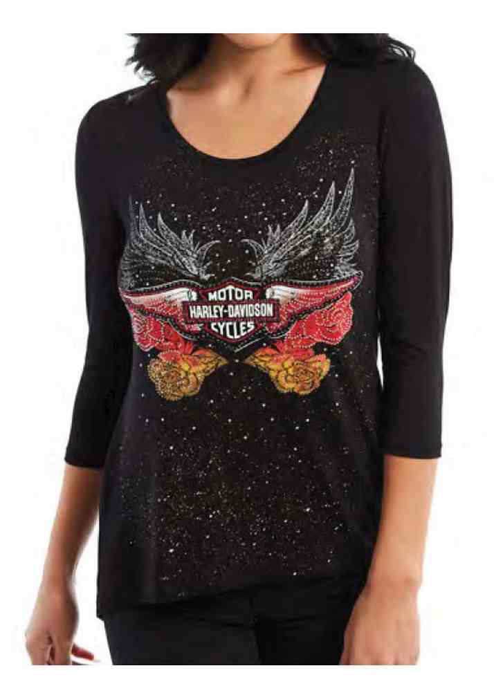 Harley-Davidson Women's Embellished Rosas Lace Trim 3/4 Sleeve Shirt, Black - Wisconsin Harley-Davidson