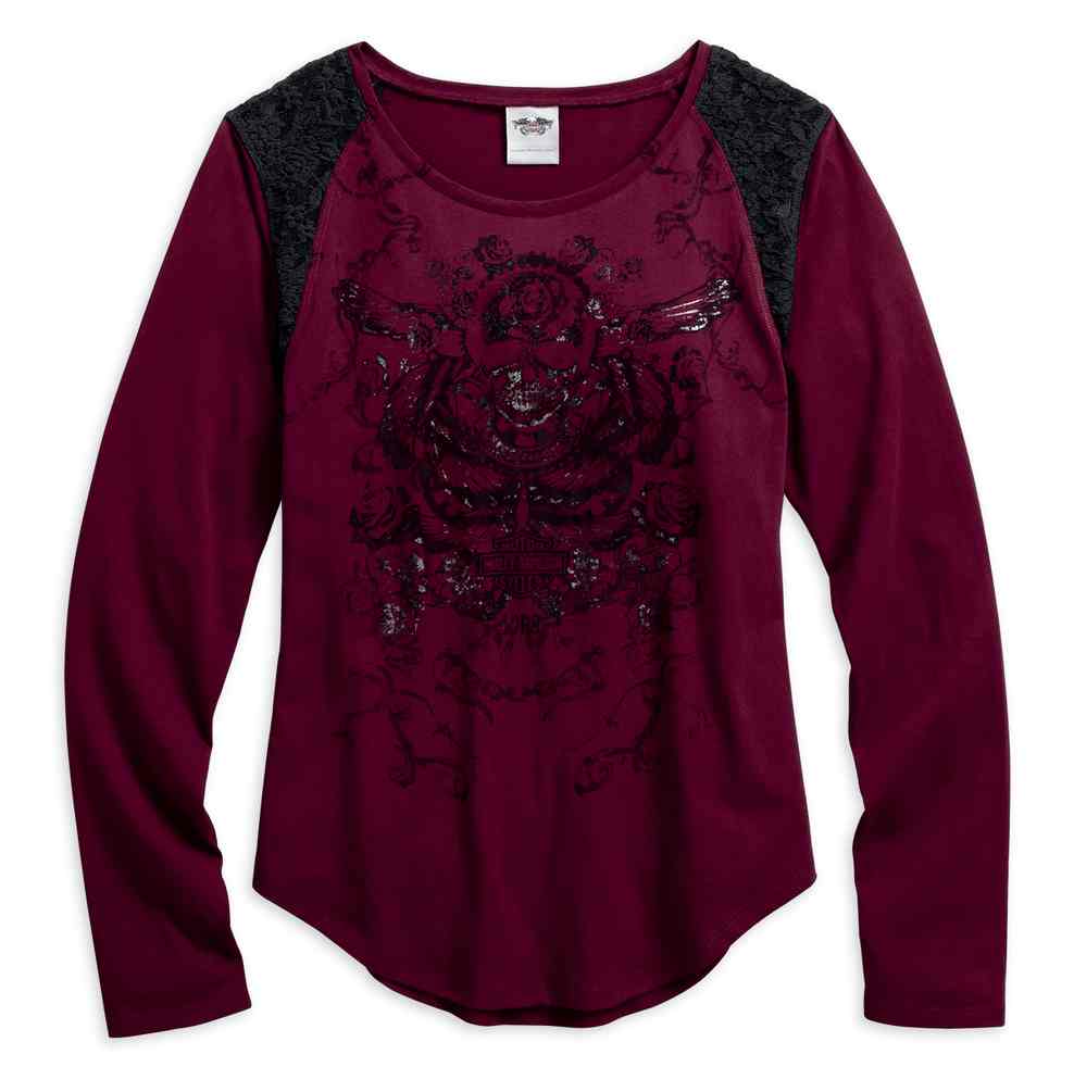 Harley-Davidson Women's Lace Accent Long Sleeve Shirt, Zinfandel 96039-17VW - Wisconsin Harley-Davidson