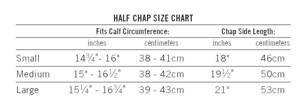 Half Chap Size Chart