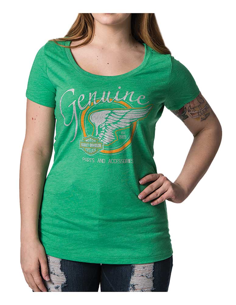 Harley-Davidson Women's Fly Free Metallic Ink Short Sleeve Tee, Envy Green - Wisconsin Harley-Davidson