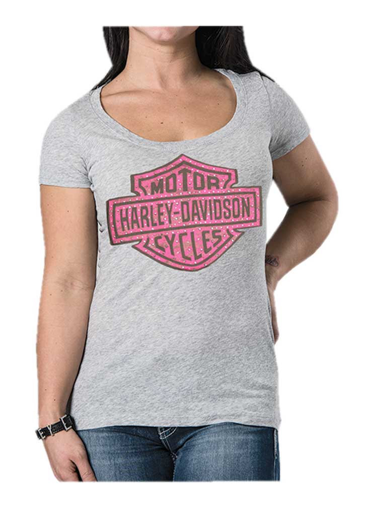 Harley-Davidson Women's Studded Lace Bar & Shield Short Sleeve Tee, Heather Gray - Wisconsin Harley-Davidson