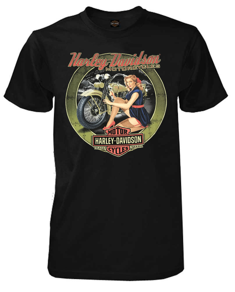 Harley-Davidson Men's Retro Mechanic Pinup Short Sleeve T-Shirt, Solid Black - Wisconsin Harley-Davidson