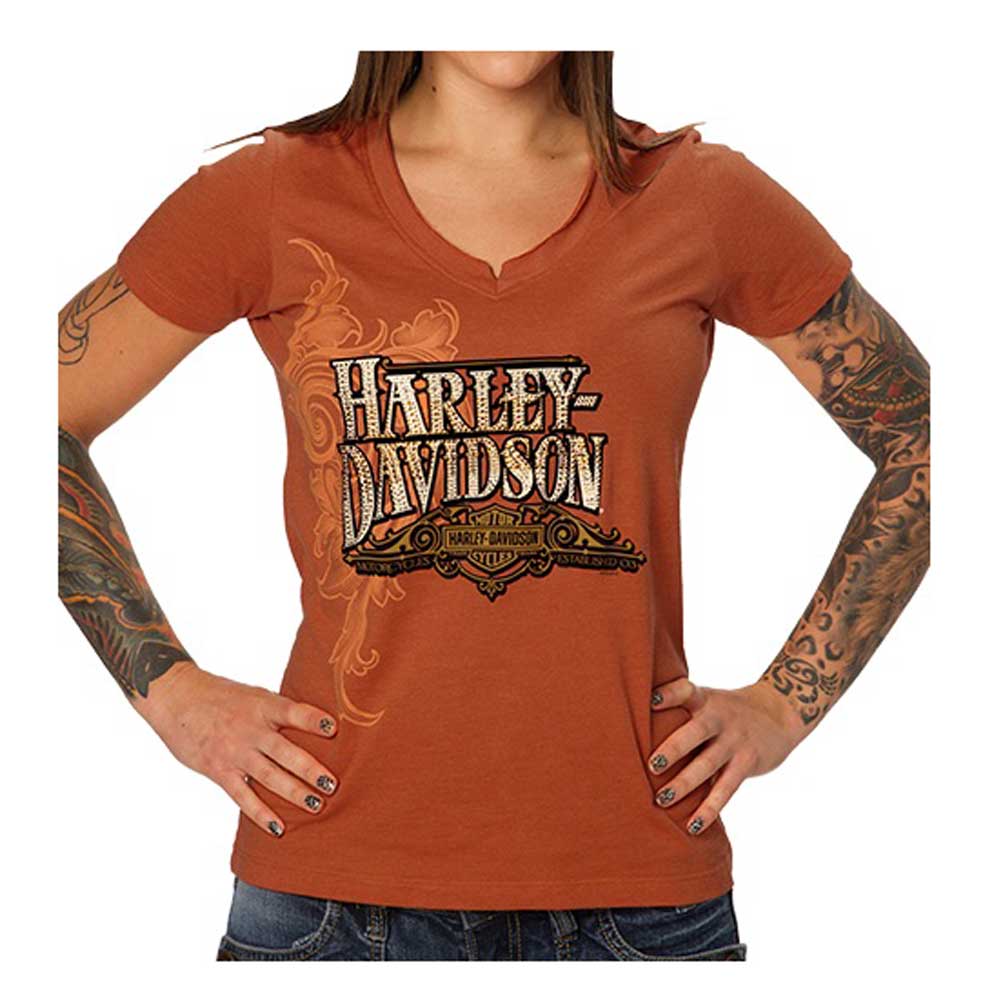 Harley-Davidson Women's Embellished Topaz Sunset Notched V-Neck Tee, Orange - Wisconsin Harley-Davidson