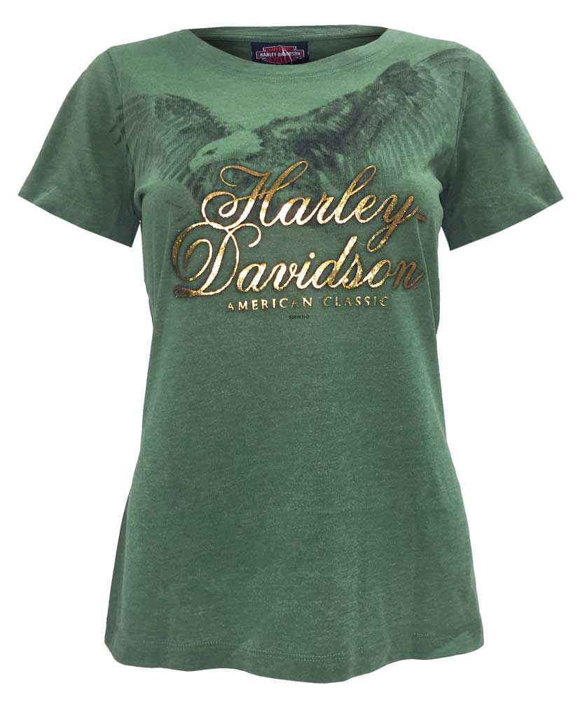 Harley-Davidson Women's Soar Eagle Foil H-D Script Short Sleeve Tee, Green - Wisconsin Harley-Davidson