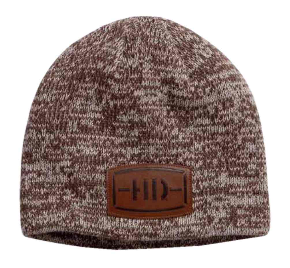 Harley-Davidson Mens Marled Faux Leather Patch Knit Beanie Hat, Brown 97648-17VM - Wisconsin Harley-Davidson