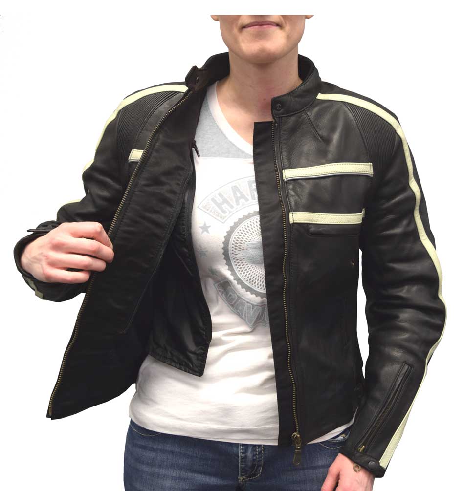 Redline Women's Naked Goat Skin Striped Racing Jacket, Black & White L-2402 - No Hassle Returns at Wisconsin Harley