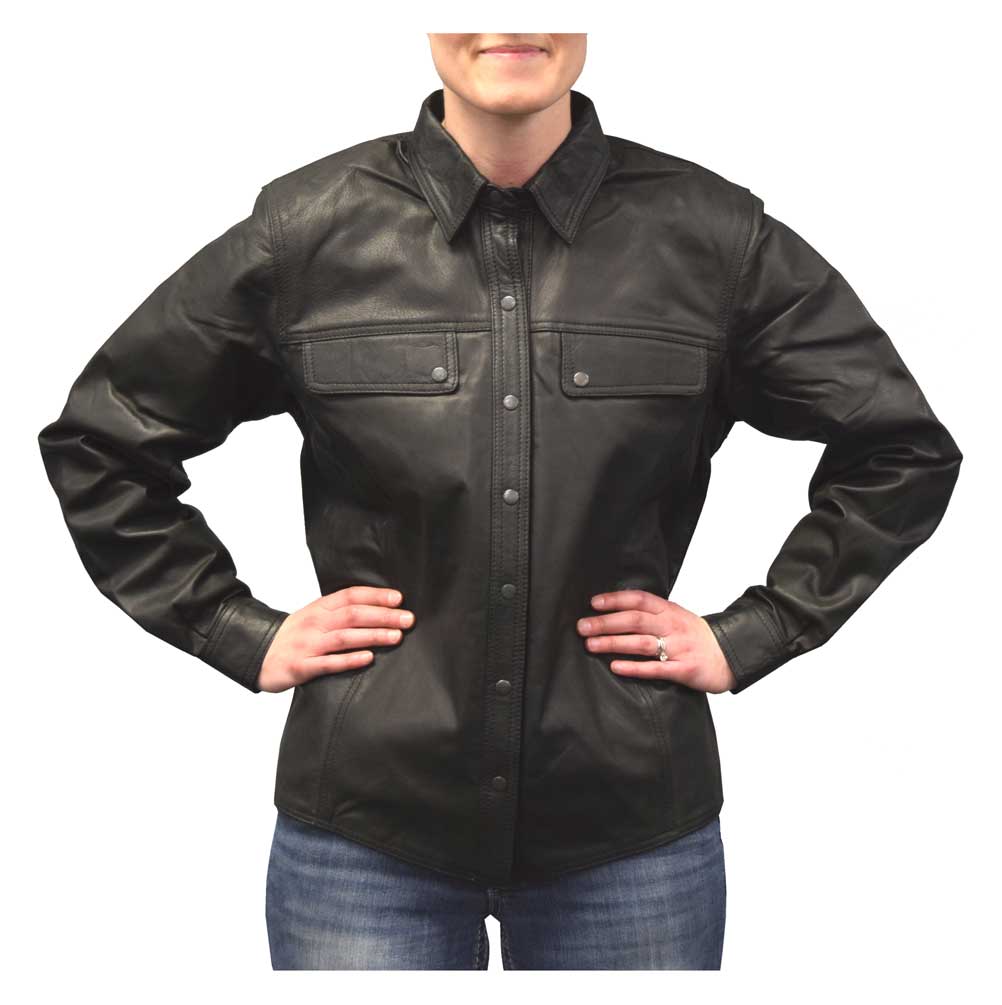 Redline Women's Lightweight Snap Down Collar Leather Riding Shirt, Black L-1800 - Wisconsin Harley-Davidson
