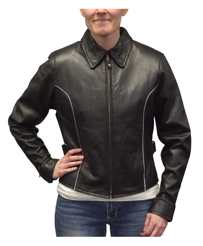 Redline Women's Goat Skin Leather Reflective Piping Motorcycle Jacket L-3250HV - Wisconsin Harley-Davidson