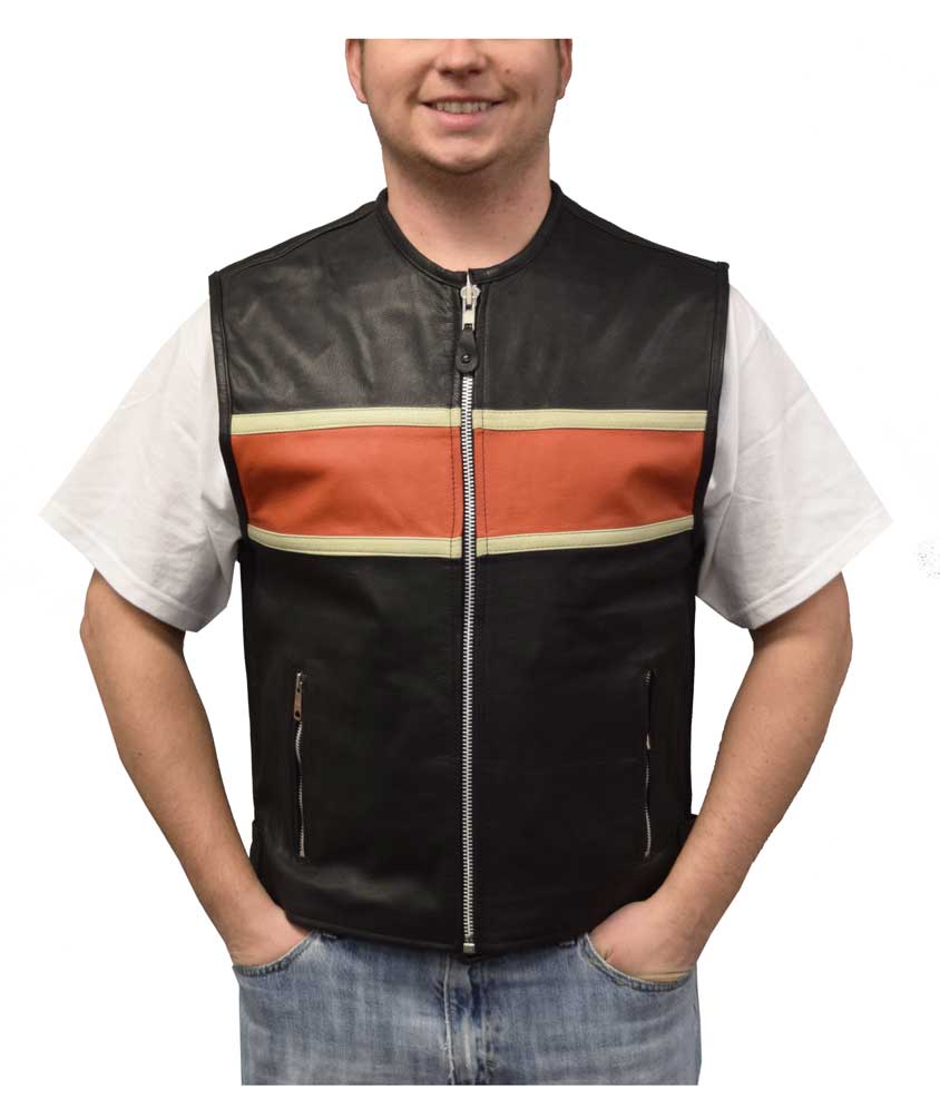 Redline Leather Men's Orange Stripe Leather Motorcycle Vest, Black