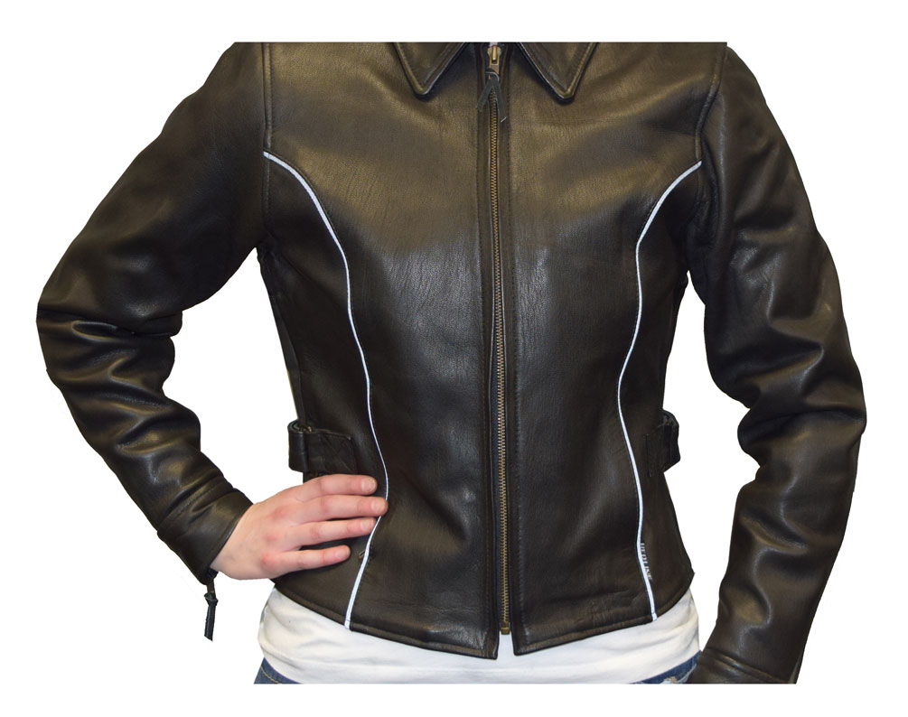Redline Women's Goat Leather Black Reflective Piping Motorcycle Jacket L-3250BR - Largest Selection of Harley-Davidson Products