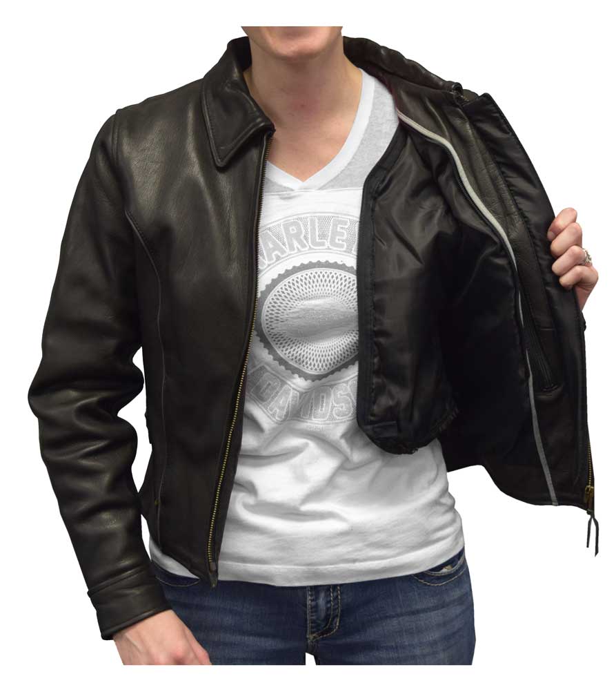 Redline Women's Goat Leather Black Reflective Piping Motorcycle Jacket L-3250BR - No Hassle Returns at Wisconsin Harley