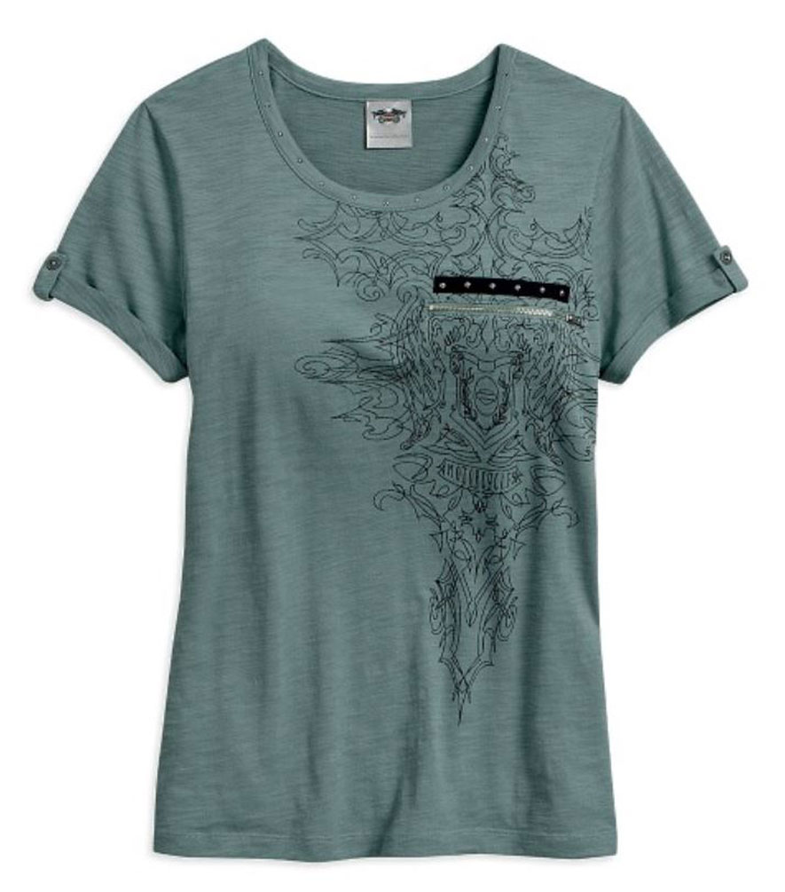 Harley-Davidson Women's Zipper Pocket Slub Short Sleeve Tee, Blue 96007-17VW - Wisconsin Harley-Davidson