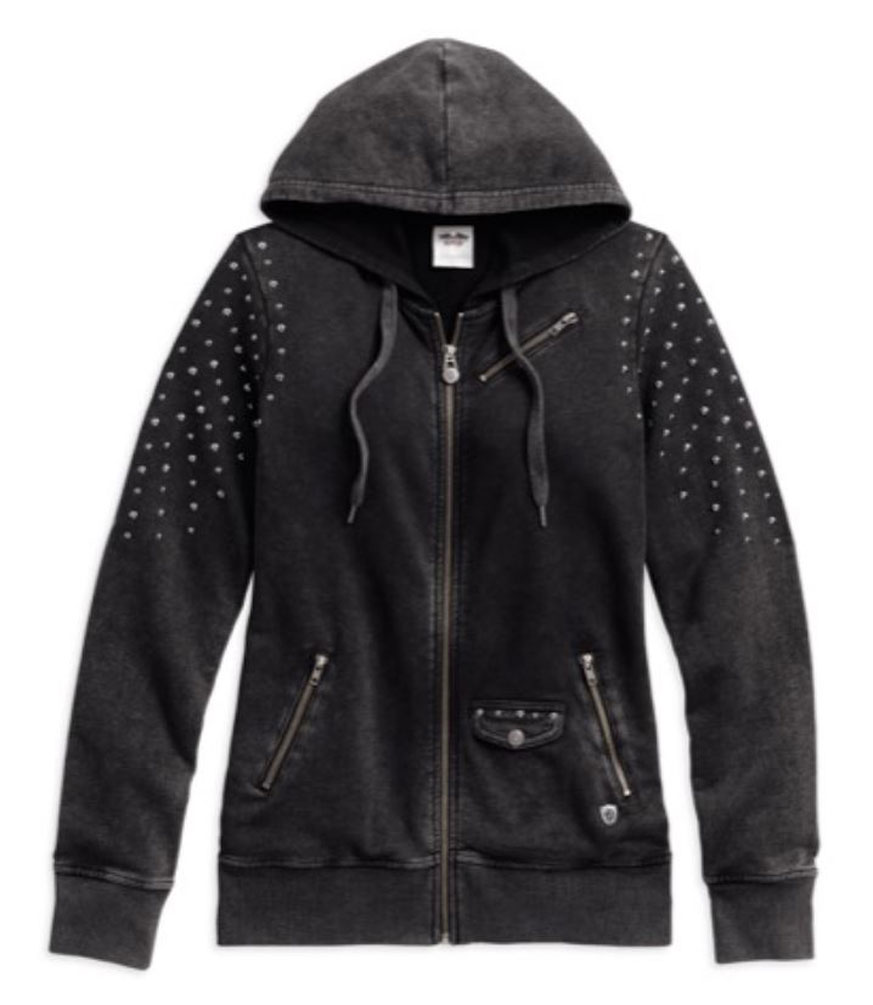Harley-Davidson Women's Studded Distressed Zippered Hoodie, Black 96001-17VW - Wisconsin Harley-Davidson