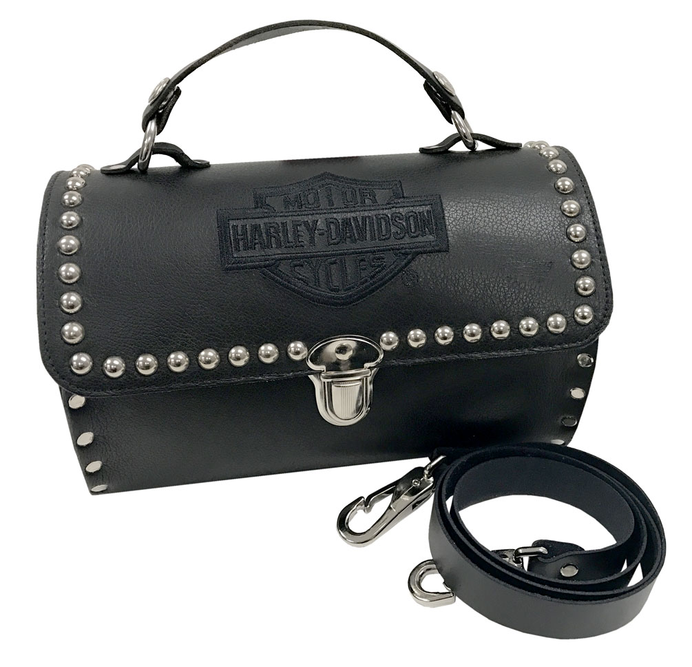 Harley-Davidson® Womens Embroidered B&S Studded Barrel Leather Purse, Black  HD625