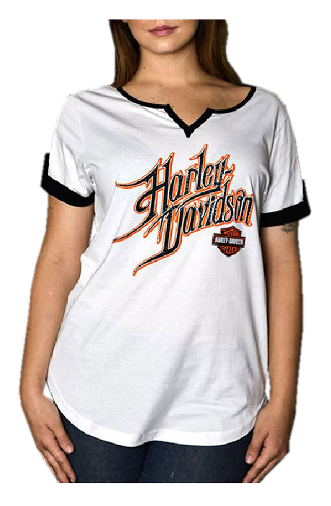 Harley-Davidson Women's Hooligan Loop Button Short Sleeve Tee, White & Black - Wisconsin Harley-Davidson