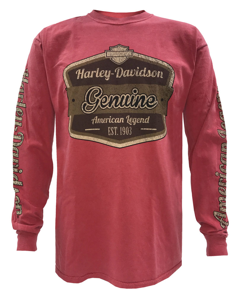 Harley-Davidson Men's Distressed American Legend Long Sleeve Shirt, Crimson Red - Wisconsin Harley-Davidson