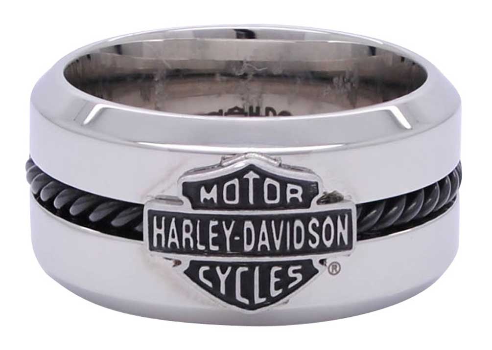 【Harley Davidson】ステンレス バイク リング Harley-Davidson Men's Textured Flames Bar & Shield Stainless
