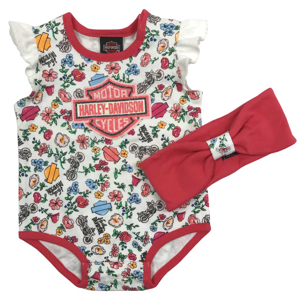 Harley-Davidson Baby Girls' Print 2 Piece Newborn Creeper & Headband Set 3001723 - Wisconsin Harley-Davidson
