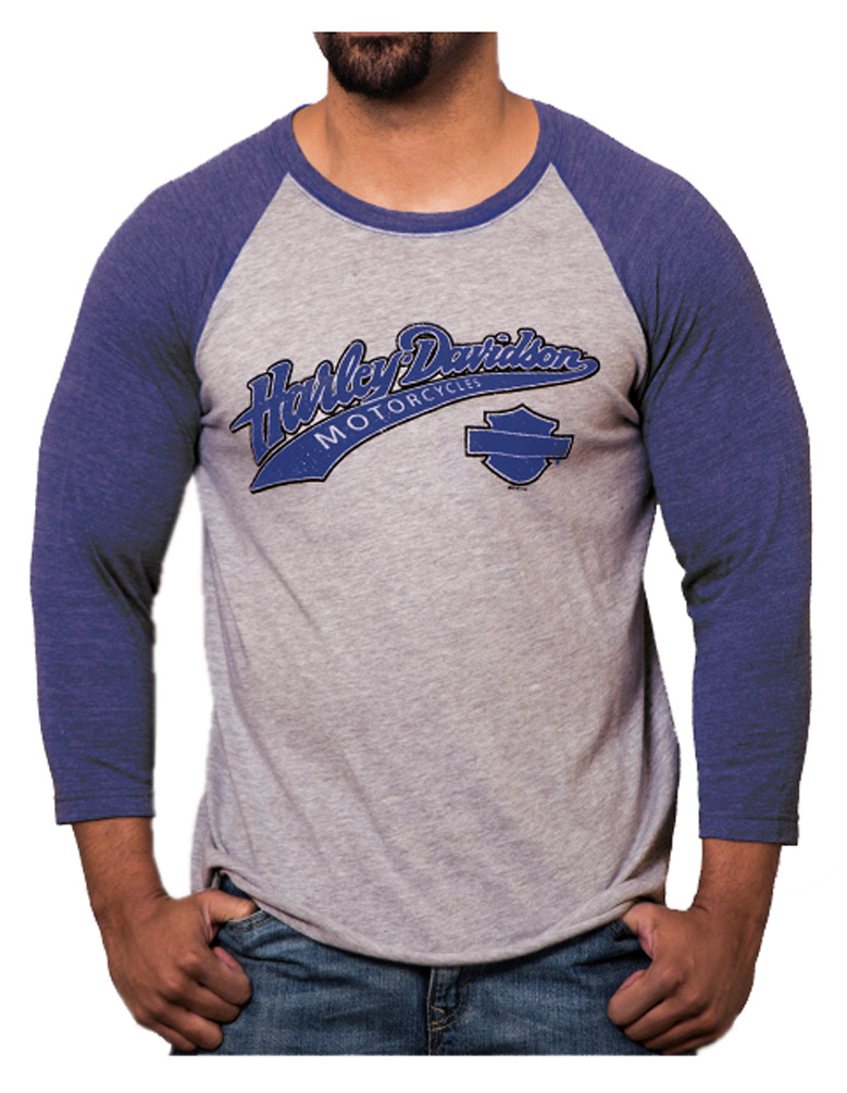 Harley-Davidson Men's Game Day H-D Raglan 3/4 Sleeve Shirt, Blue & Gray Heather - Wisconsin Harley-Davidson