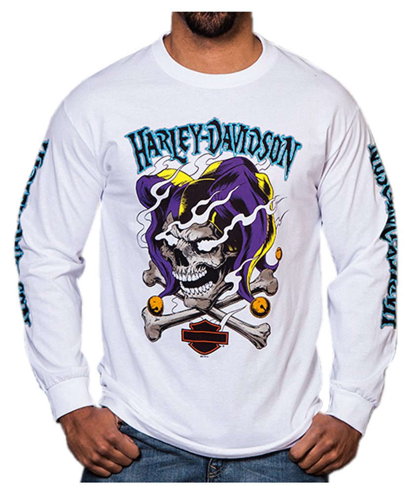 Harley-Davidson Men's Road Jester Skull Long Sleeve Crew-Neck Shirt, White - Wisconsin Harley-Davidson