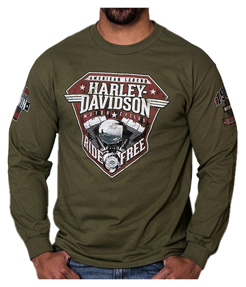Harley-Davidson Men's Distressed Uprising Long Sleeve Shirt, Fatigue Green - Wisconsin Harley-Davidson