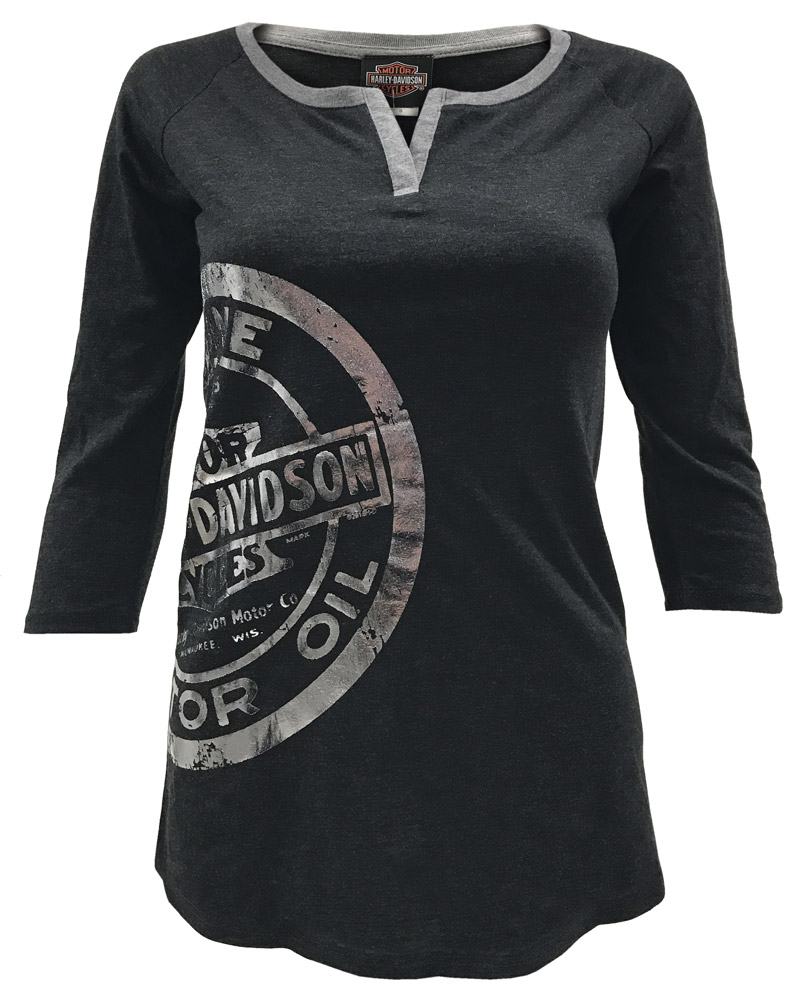 Harley-Davidson Women's Miss Motor 3/4 Sleeve Split V-Neck Raglan Shirt, Black - Wisconsin Harley-Davidson