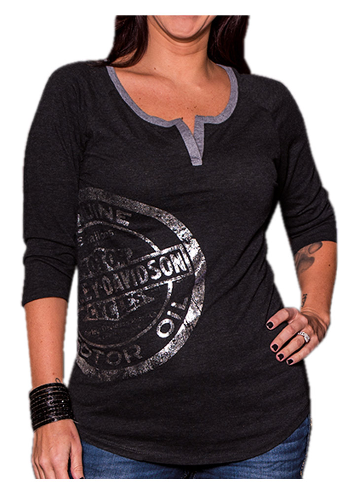 Harley-Davidson Women's Miss Motor 3/4 Sleeve Split V-Neck Raglan Shirt, Black - No Hassle Returns at Wisconsin Harley