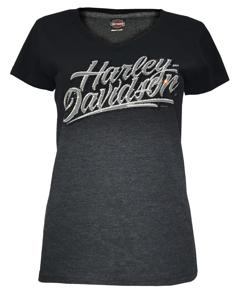 Harley-Davidson Women's Embellished Midnight Script V-Neck Tee, Gray Ombre Fade - Wisconsin Harley-Davidson