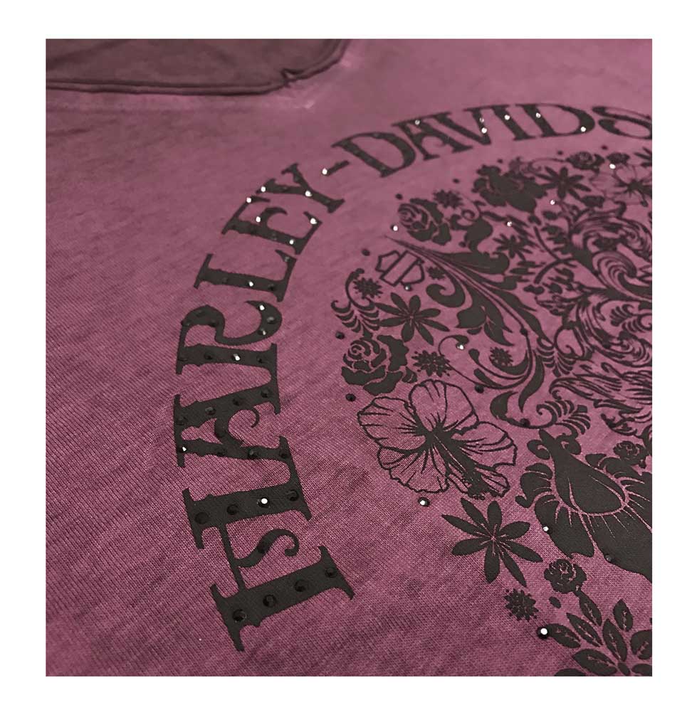 Harley-Davidson Women's Floral Skull Notched V-Neck Long Sleeve Shirt, Purple - No Hassle Returns at Wisconsin Harley