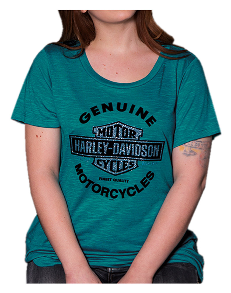 Harley-Davidson Women's Glamour Glitter Bar & Shield Short Sleeve Tee, Peacock - No Hassle Returns at Wisconsin Harley