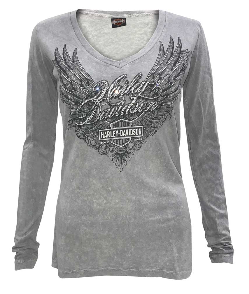 Harley-Davidson Women's Arise Embellished Deep V-Neck Long Sleeve Shirt, Gray - Wisconsin Harley-Davidson