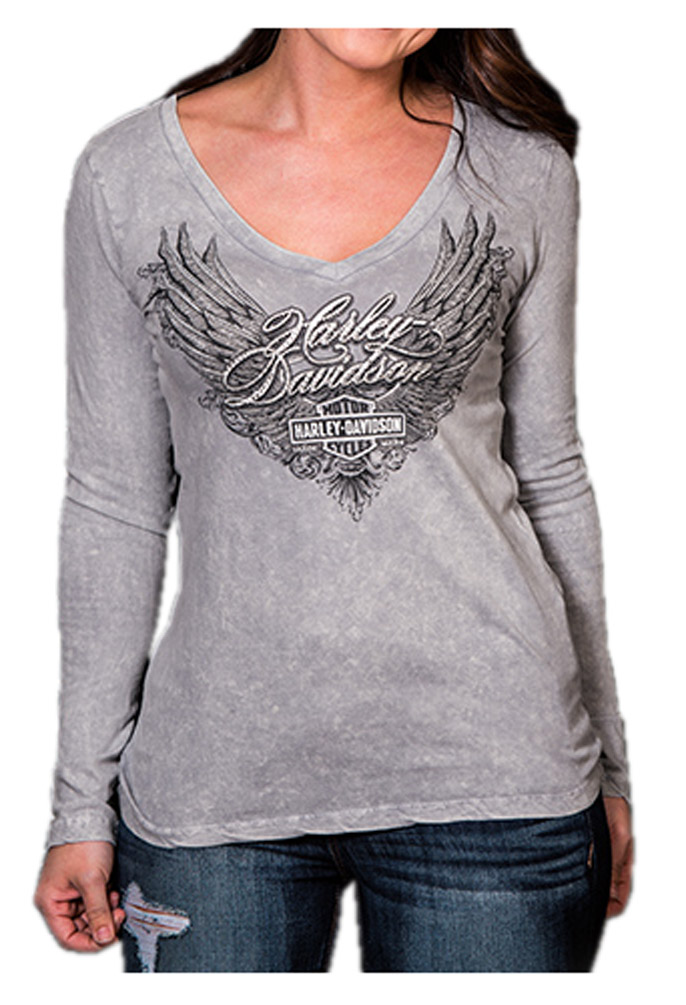 Harley-Davidson Women's Arise Embellished Deep V-Neck Long Sleeve Shirt, Gray - Largest Selection of Harley-Davidson Products