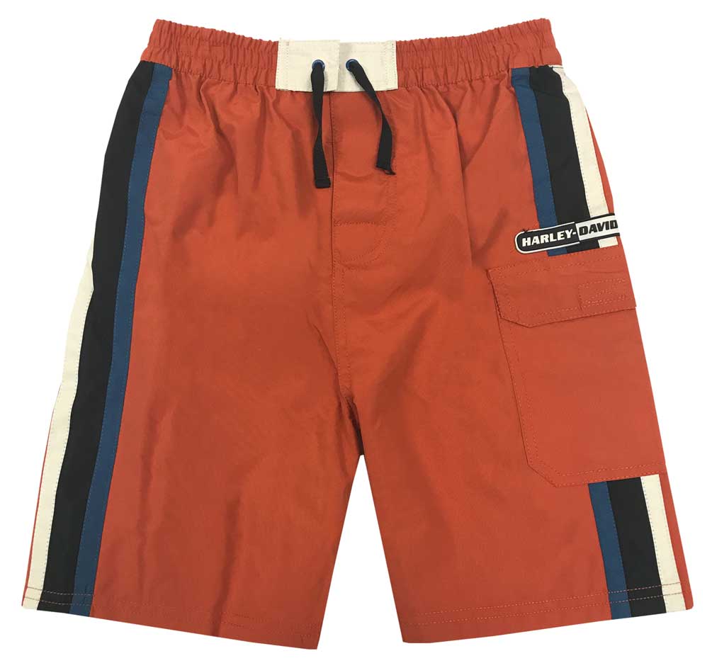 Harley-Davidson Big Boys' Striped Swim Trunks w/ Mesh Lining, Orange 9091515 - Wisconsin Harley-Davidson