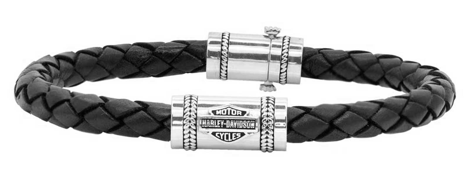 Harley-Davidson® Men's Leather Silver Bar & Shield Rope Bracelet