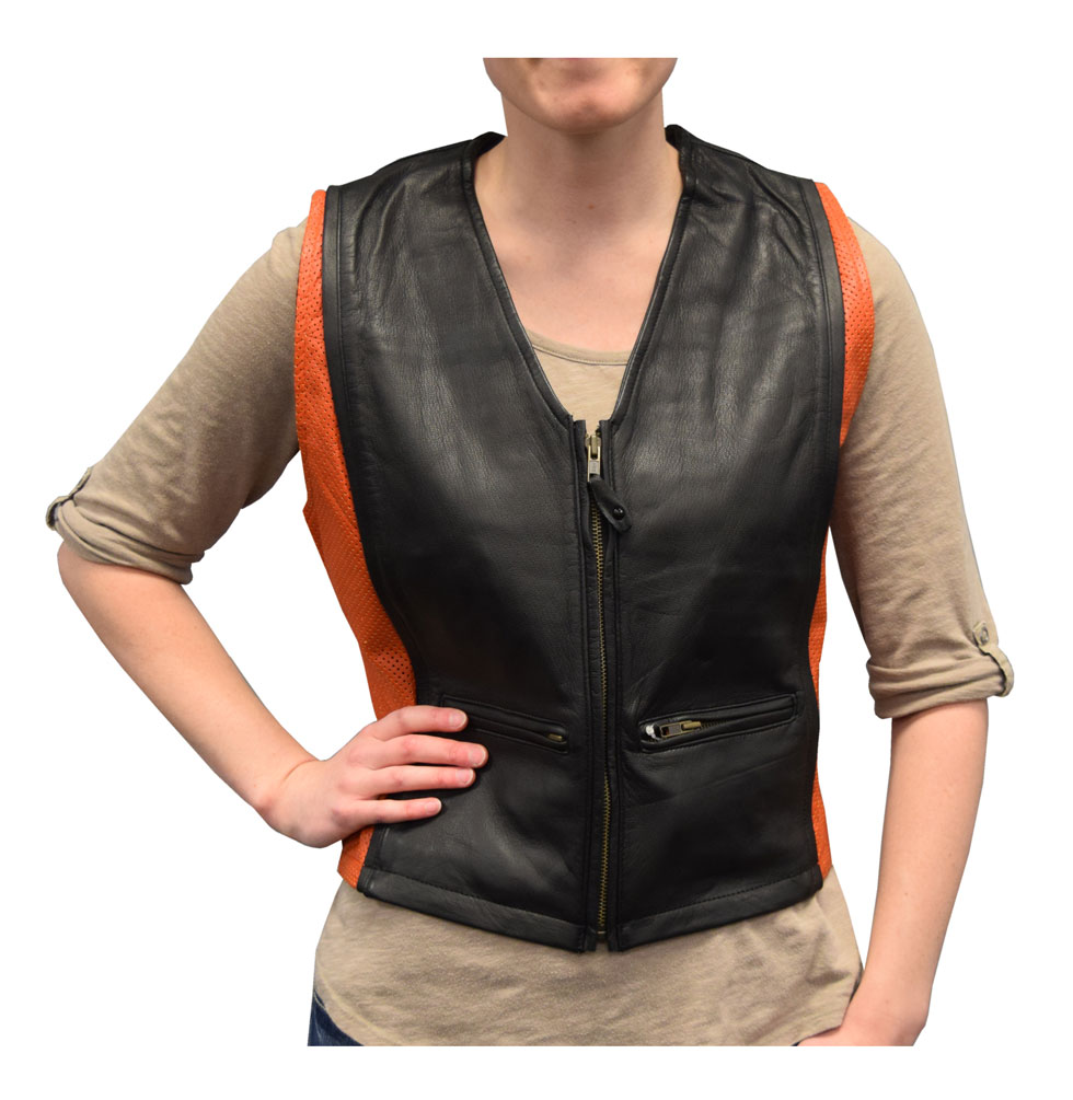 Redline Leather Women's Orange & Black Cowhide Leather Motorcycle Vest L-3430 - Wisconsin Harley-Davidson