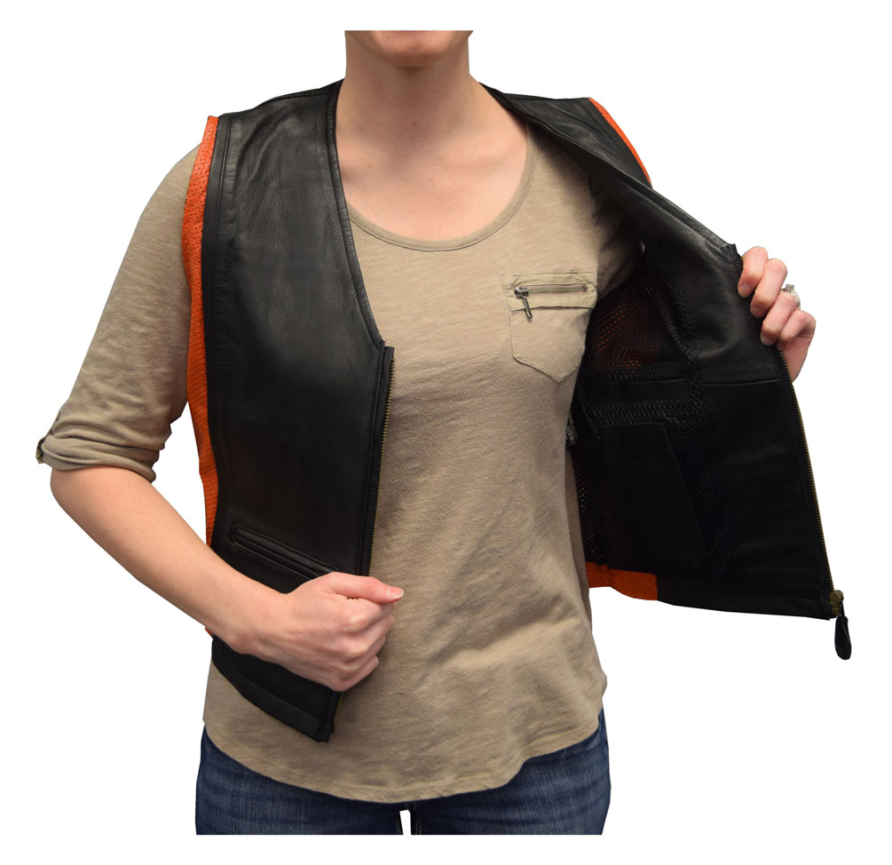 Redline Leather Women's Orange & Black Cowhide Leather Motorcycle Vest L-3430 - No Hassle Returns at Wisconsin Harley