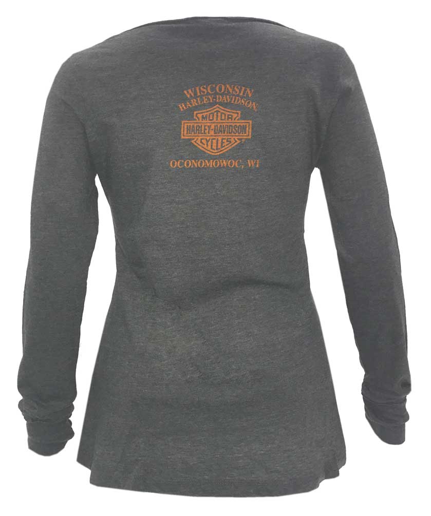 Harley-Davidson Free Shipping - Harley-Davidson Women's Skins & Grins Long Sleeve Raw-Edge Shirt, Gray 5V32-HE3Q - Free Shipping on many products plus Orders Over $99